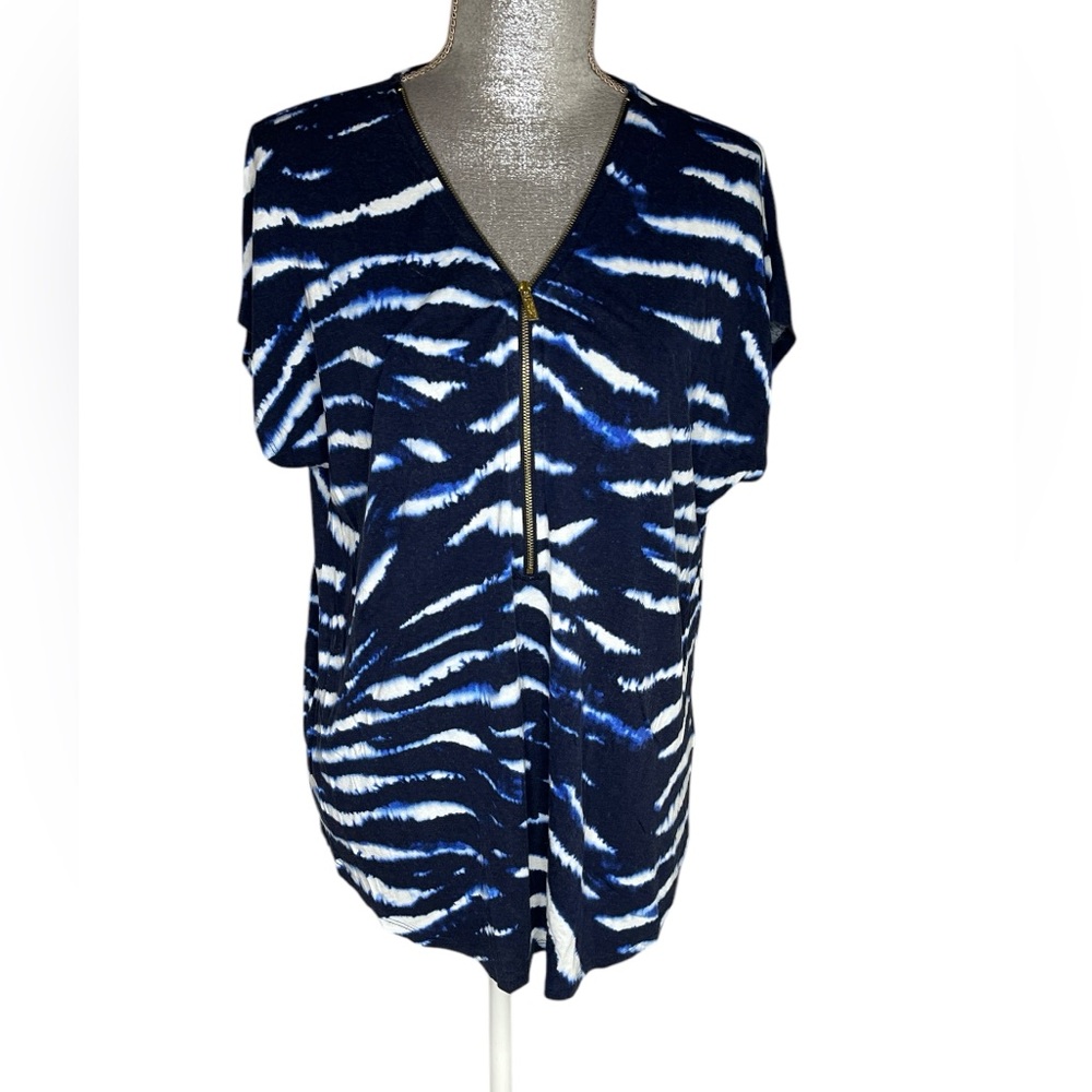 Ellen Tracy Short Sleeve Top, Blue/White Size Large